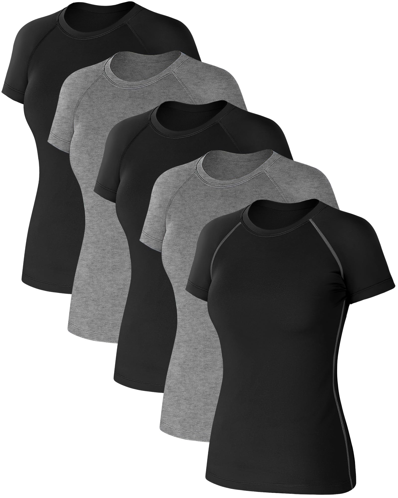 Coume 5 Pack Women's Compression Shirts Short Sleeve Workout Tops Crew Neck Athletic T Shirts Yoga Running Tight Tee