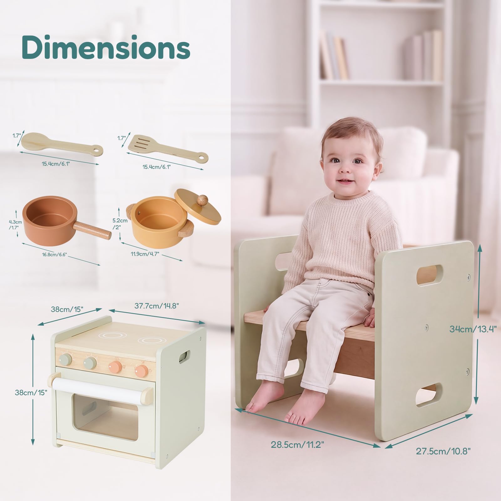 EDUBEBO Kinder Tisch Stuhl Set Holz im Kinderküche Ofen-Design, Montessori Kindertisch mit Stuhl & Zeichenpapierrolle, Kleinkindertischset Aktivitätstisch Spieltisch Essen, Sitzgruppe ab 1 Jahr