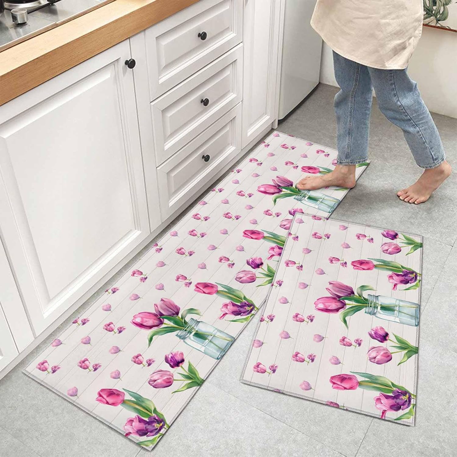Kitchen Mats for Floor Country Pink Tulips Glass Vase Washable Non Slip Kitchen Rugs 2PCS, Pastoral Petals Wood Plank Absorbent Standing Mats for Sink Office Living Room 15.7x23.6in+15.7x47.2in
