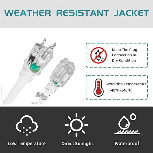 Miniatura 7 de Cable de extensión para exteriores iluminado 143 de 15 pies, calibre 14, 3 puntas, SJTW, resistente cable de extensión blanco con enchufe de 3