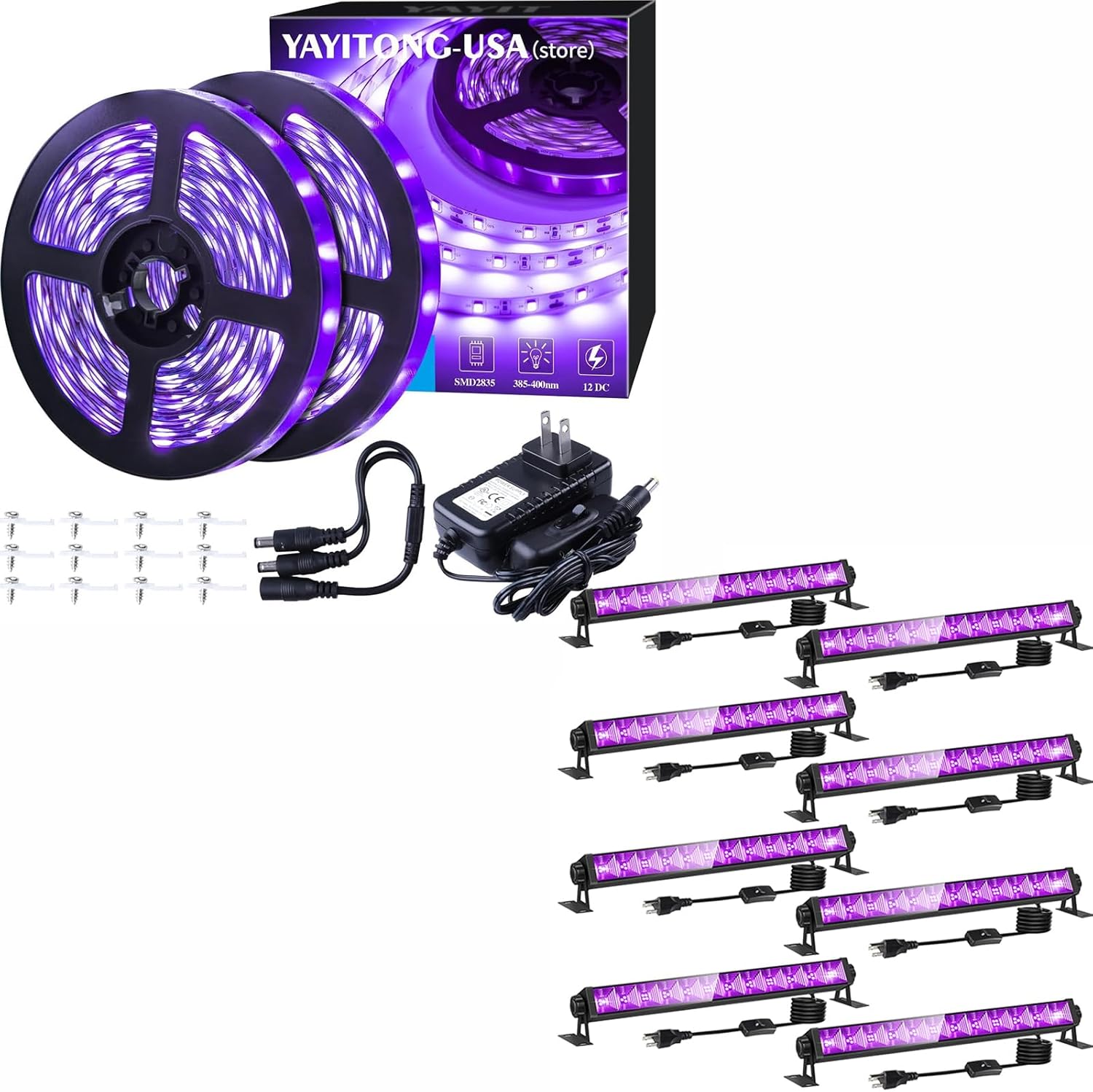40 Foot Led Black Light Strip Kit + 8 Pack 40W LED Black Light Bar with 6FT Cord and Switch