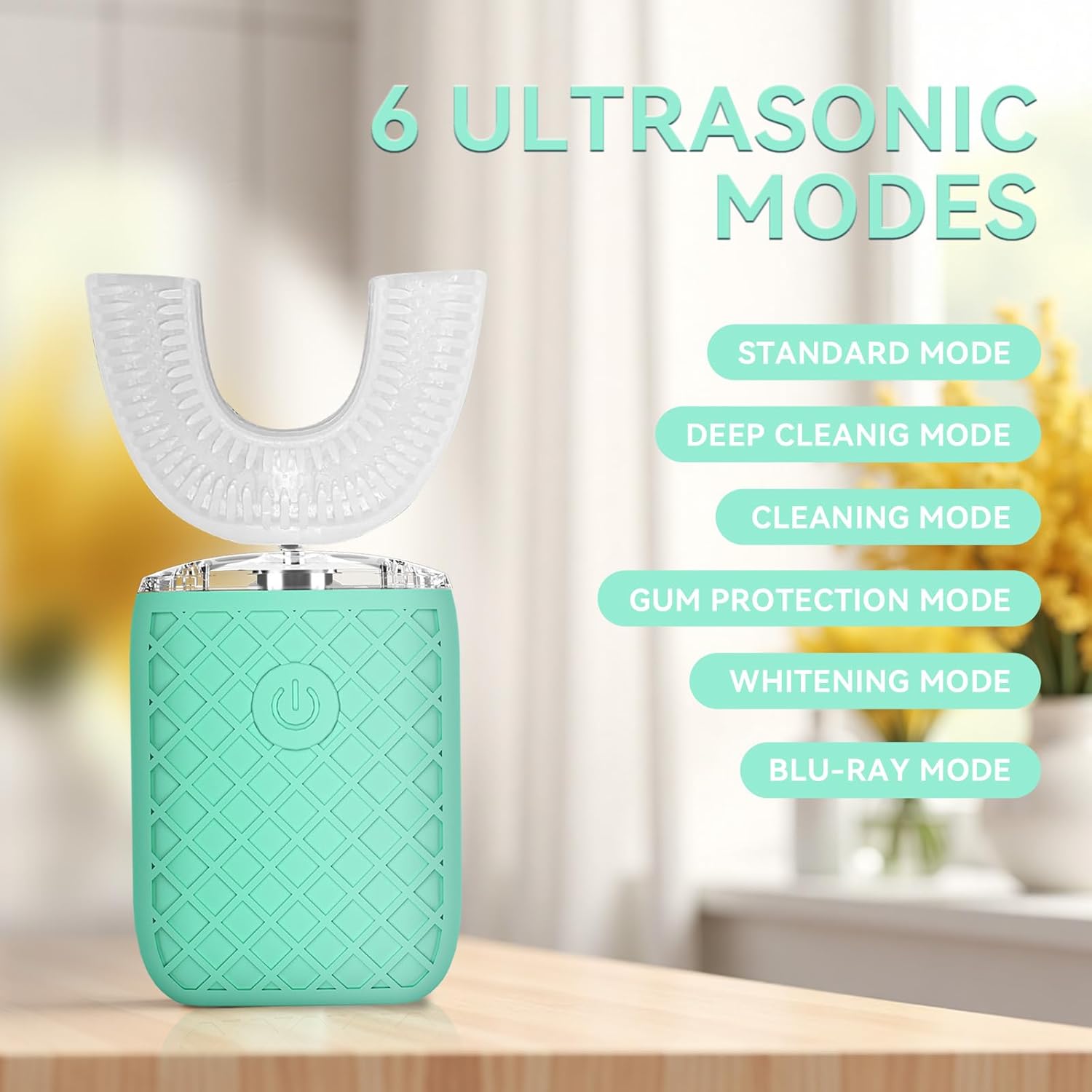 Automatic Sonic Electric Toothbrush - Adult U-Shaped Design, IPX7 Waterproof 360° Full Cleaning, Rechargeable Travel Set (Greener)