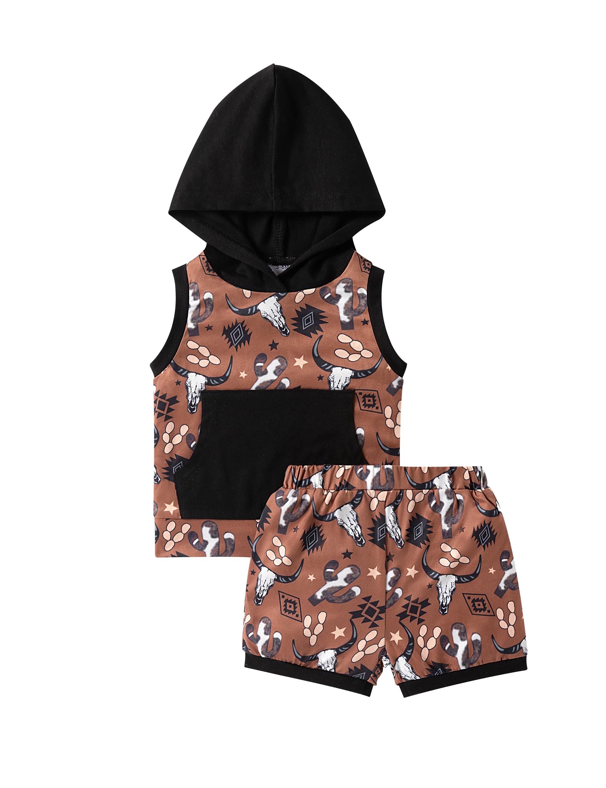 MBZJSDKHLK Newborn Baby Boy Clothes Western Summer Outfits Sleeveless Hooded Tops + Shorts Infant 2Pcs Set(0-3M Brown)
