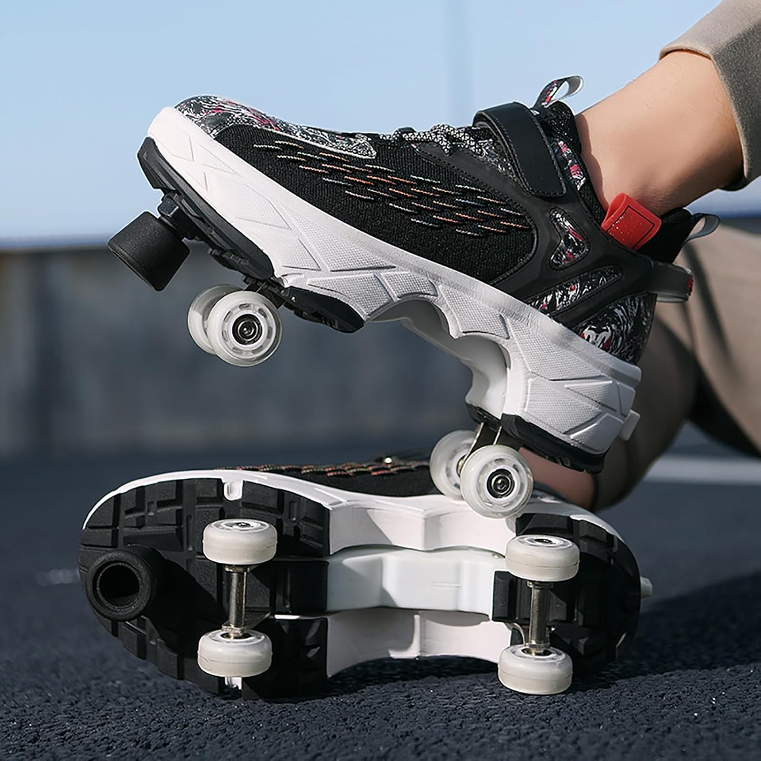 2 in 1 Deformation Roller Shoes, Roller Skate Shoes Outdoor with Detachable Brake Removable Pulley Skates Sneakers Skating Parkour with Wheels for Girls Boys