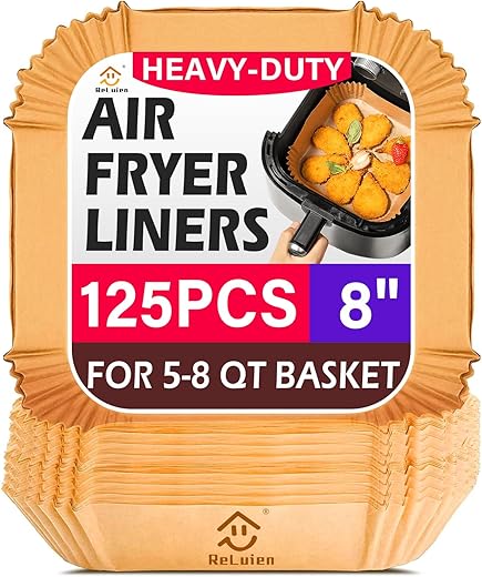 Air Fryer Liners Disposable, 125pcs Non-stick Disposable Airfryer Liners, 8 Inch Unbleached Parchment Paper, Square Air Fryer Paper Liners for...