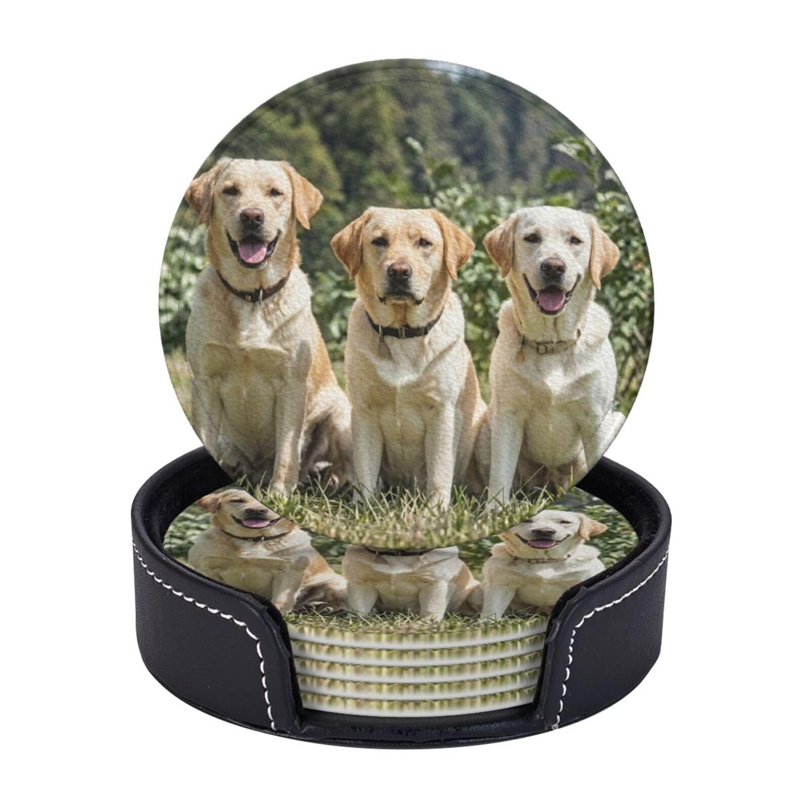 Drink Coasters 6 PCS Round Leather Coaster labrador retriever Dogs Coasters for Drinks Non-Slip Mugs Pads with Holder Personalized Cups Pad Mat for Coffee Table Kitchen 10 CM