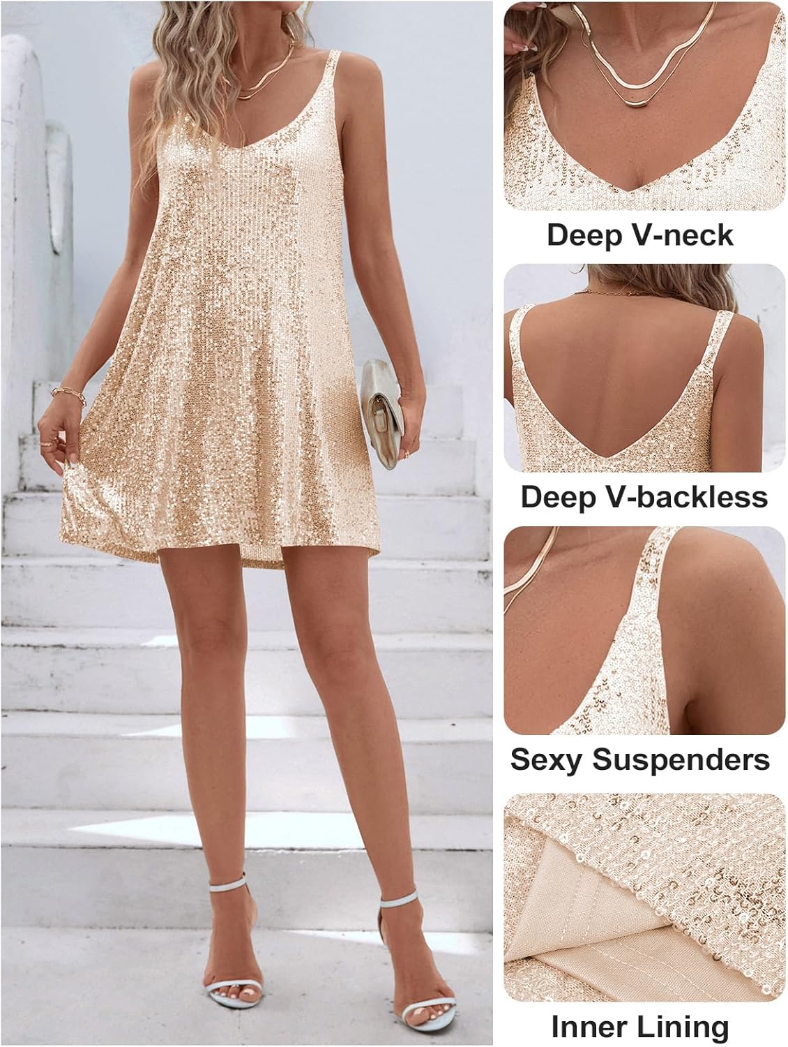 Women's Sequin Dress for Women Sparkly Glitter V Neck Shift Cocktail Disco Outfit Party Club Night Out Mini Dresses - Image 5