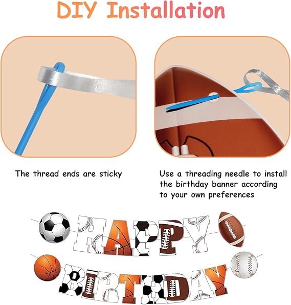 Birthday Decorations, Happy Birthday Banner Sign with Basketball Baseball Rugby Football, Lovely Happy Birthday Party Decorations for Boys Girls Kids