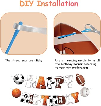 Birthday Decorations, Happy Birthday Banner Sign with Basketball Baseball Rugby Football, Lovely Happy Birthday Party Decorations for Boys Girls Kids