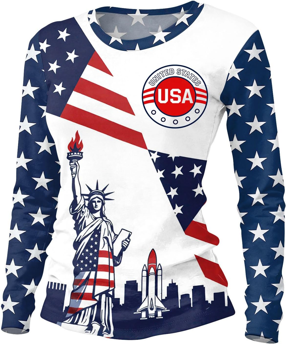 Women's American Flag Shirt, Long Sleeve Crew Neck 4Th of July Shirts, 250 Anniversary USA Blouses, S-3XL