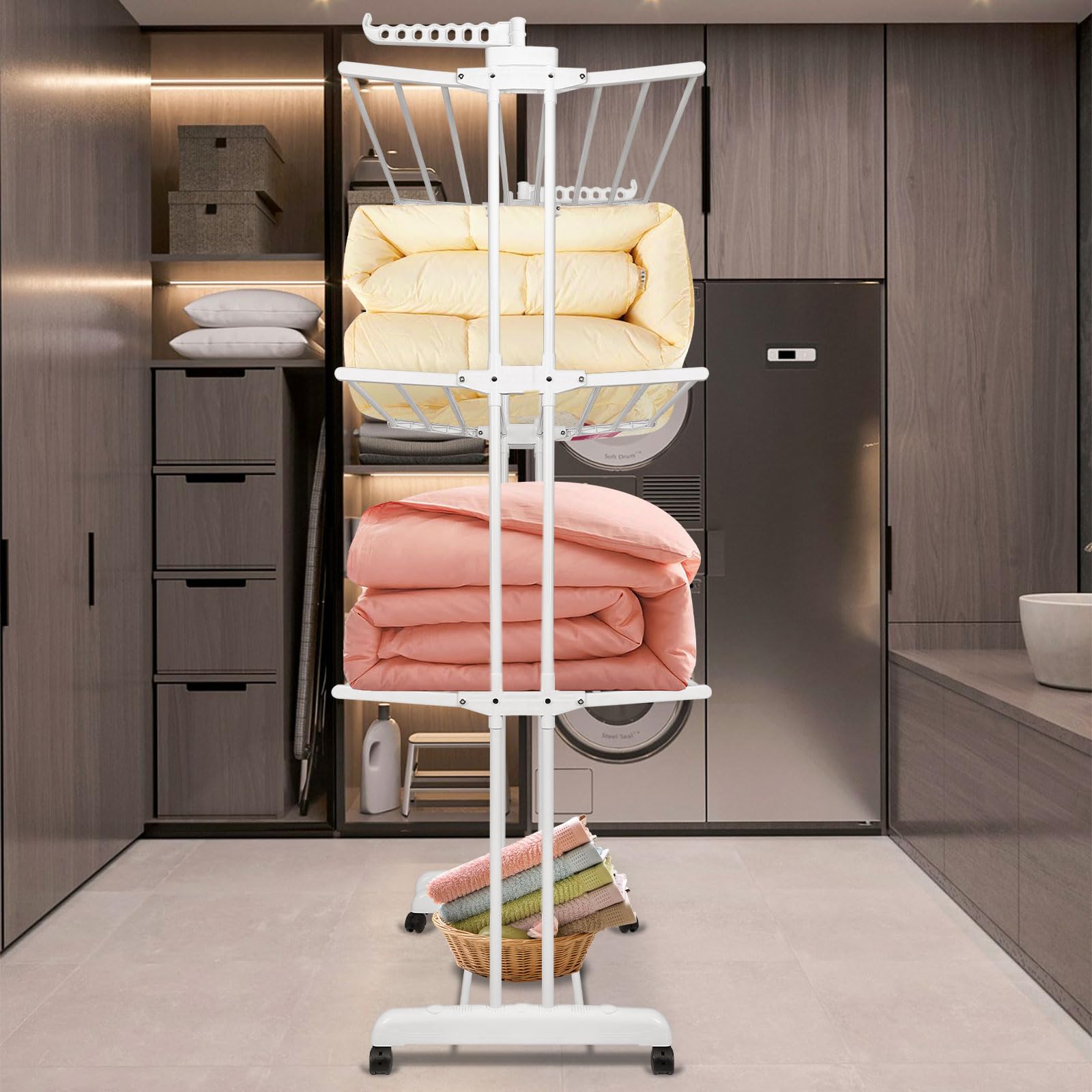 Stendibiancheria a torre, stendibiancheria estensibile e regolabile, grande capienza, con 6 ruote, freno di stazionamento a 360°, plastica e acciaio inossidabile, (bianco)