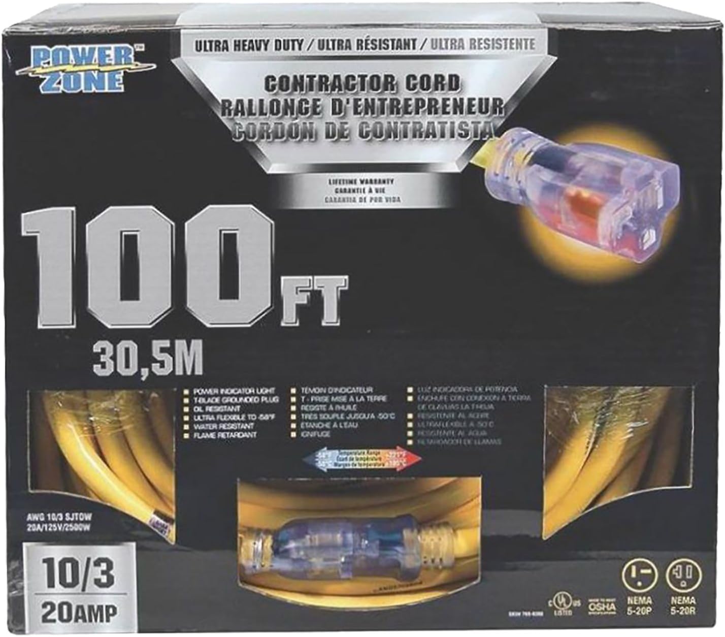 Power Zone ORP711930 10/3, 100' ORP711935 SJTOW Tblade Extension Cord