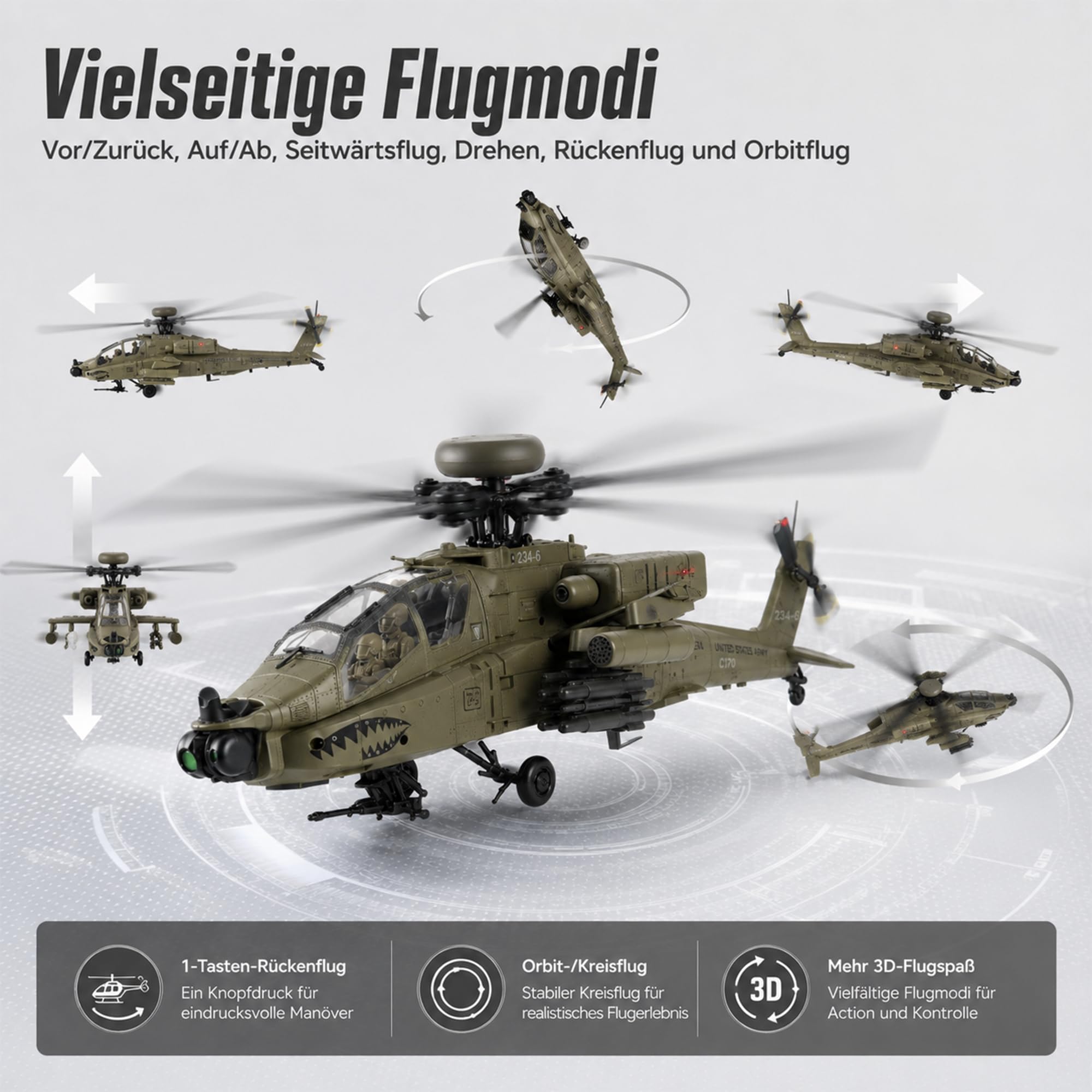 RC Hubschrauber C170 2,4GHz, 6-Kanal RC Helikopter mit 6-Achsen-Gyro, Optical Flow, TOF-Höhenhaltung, Brushless Motor, 3 Akkus (Dunkelgrau)