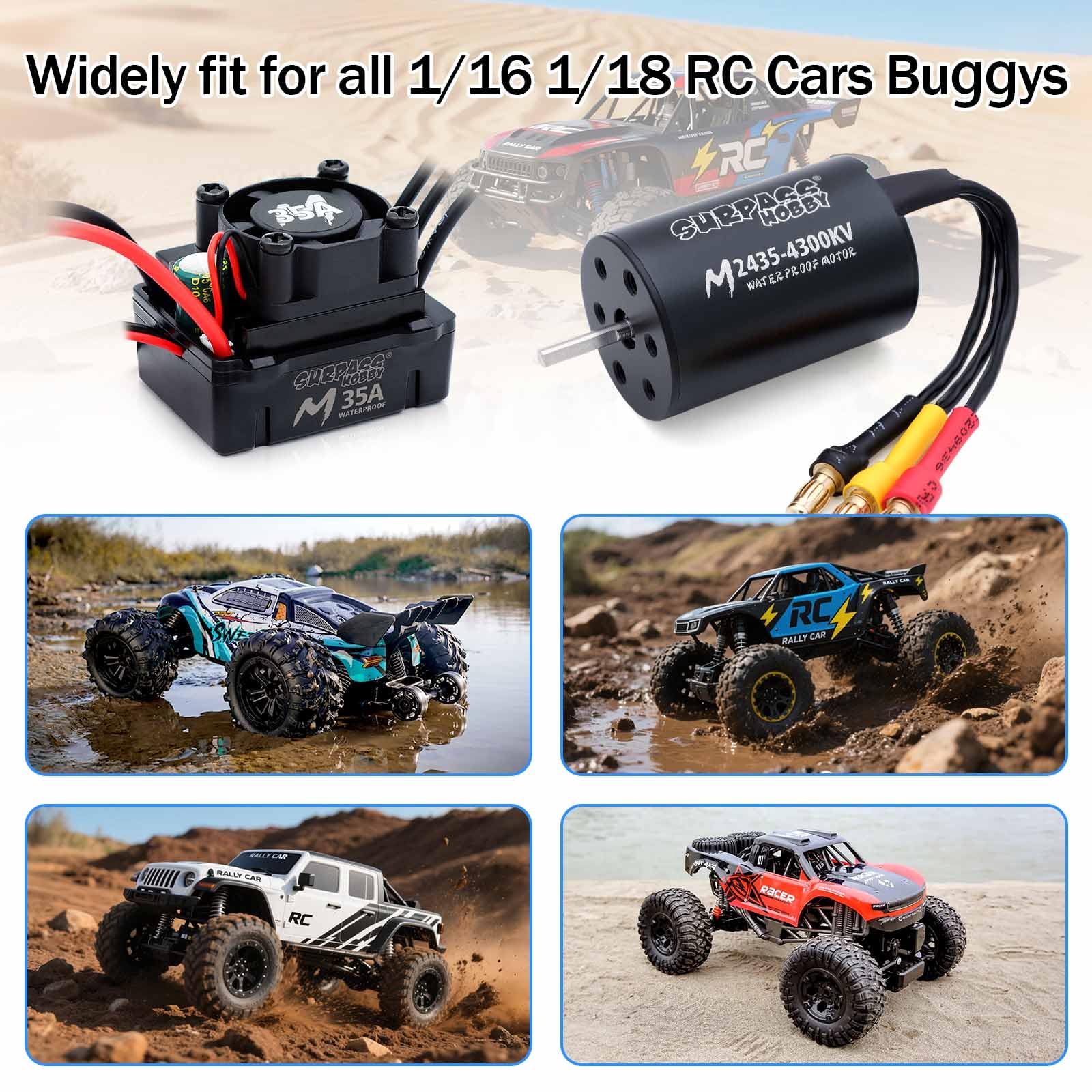 SurpassHobby RC Brushless Motor ESC Combo Impermeabile 2435 4300KV Motore Brushless e 35A ESC Combo Set per 1/16 Telecomando Auto Camion Fuoristrada Veicolo