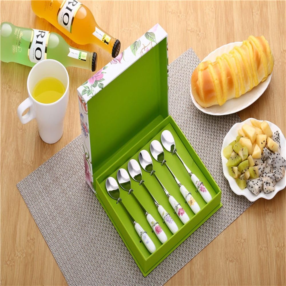 Silverware Flatware Set, 6Pcs Tableware Spoon Fruit Dessert Spoon Ceramic Handle Stainless Steel Tea Spoon Spoon Set Coffee Spoon