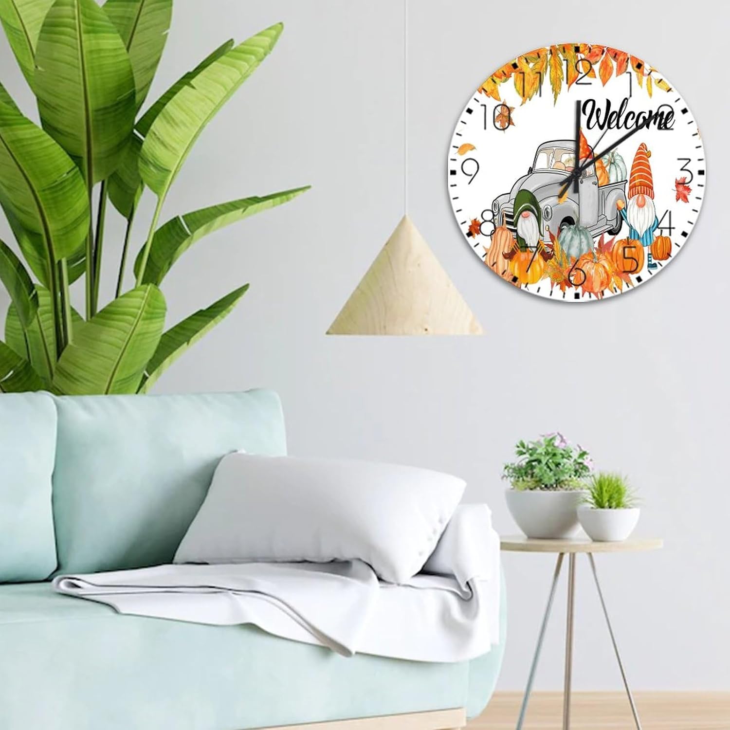 Wood Hanging Wall Clock Analog Round Non-Ticking Seasonal Welcome Fall Decorative Wall Clocks Autumn Fall Pumpkin Harvest Truck Home Decor for Yoga Room Living Room Conference Room 15 Inch
