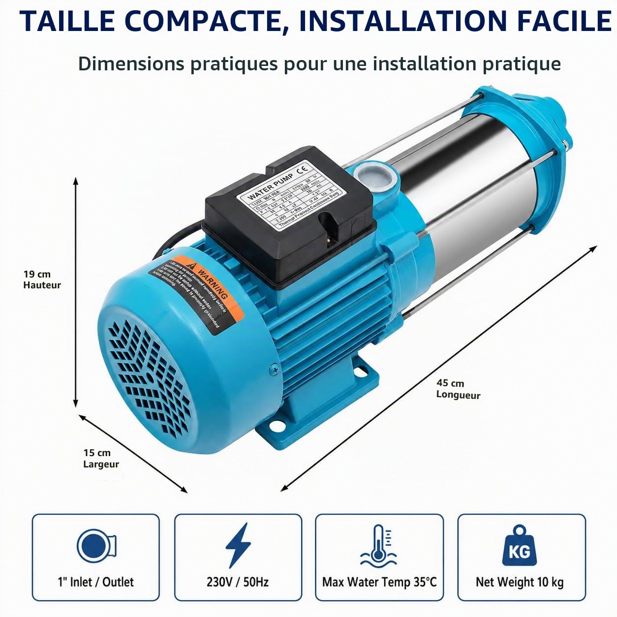 Pompe de Jardin 1300W 4000 L/H, Pompe à Eau Électrique Centrifuge, Pompe de Surface en Acier Inoxydable 9,8 Bar, Hauteur de Refoulement 98 m, Pompe d’Irrigation Eau Claire pour Jardin, Ferme, Étang et