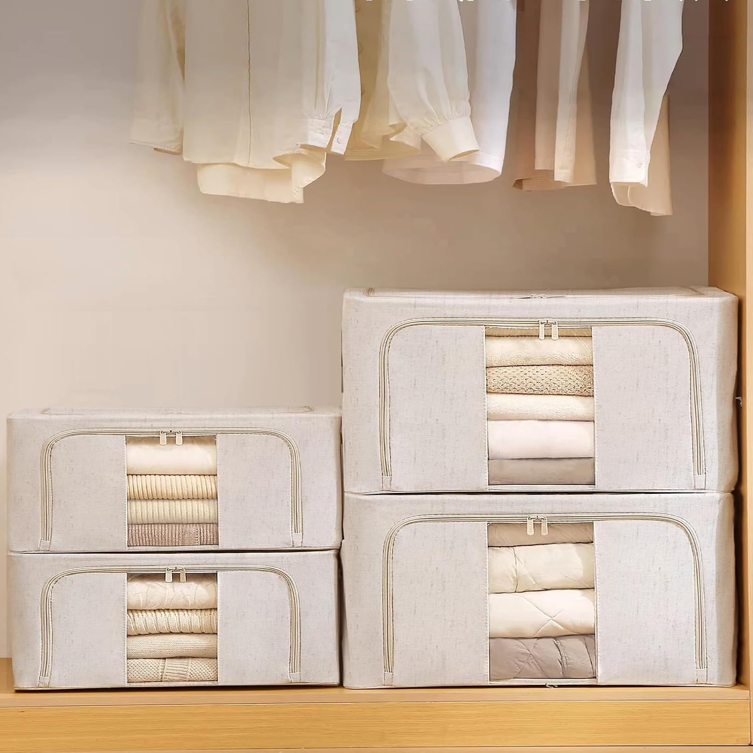 Amiya Clothes Storage Bins with Metal Frame,3-Pack Foldable Linen Fabric Storage Box with Lids, Stackable Organization and Storage Bins with Clear Window,Zippers,Handles(Beige,24L)