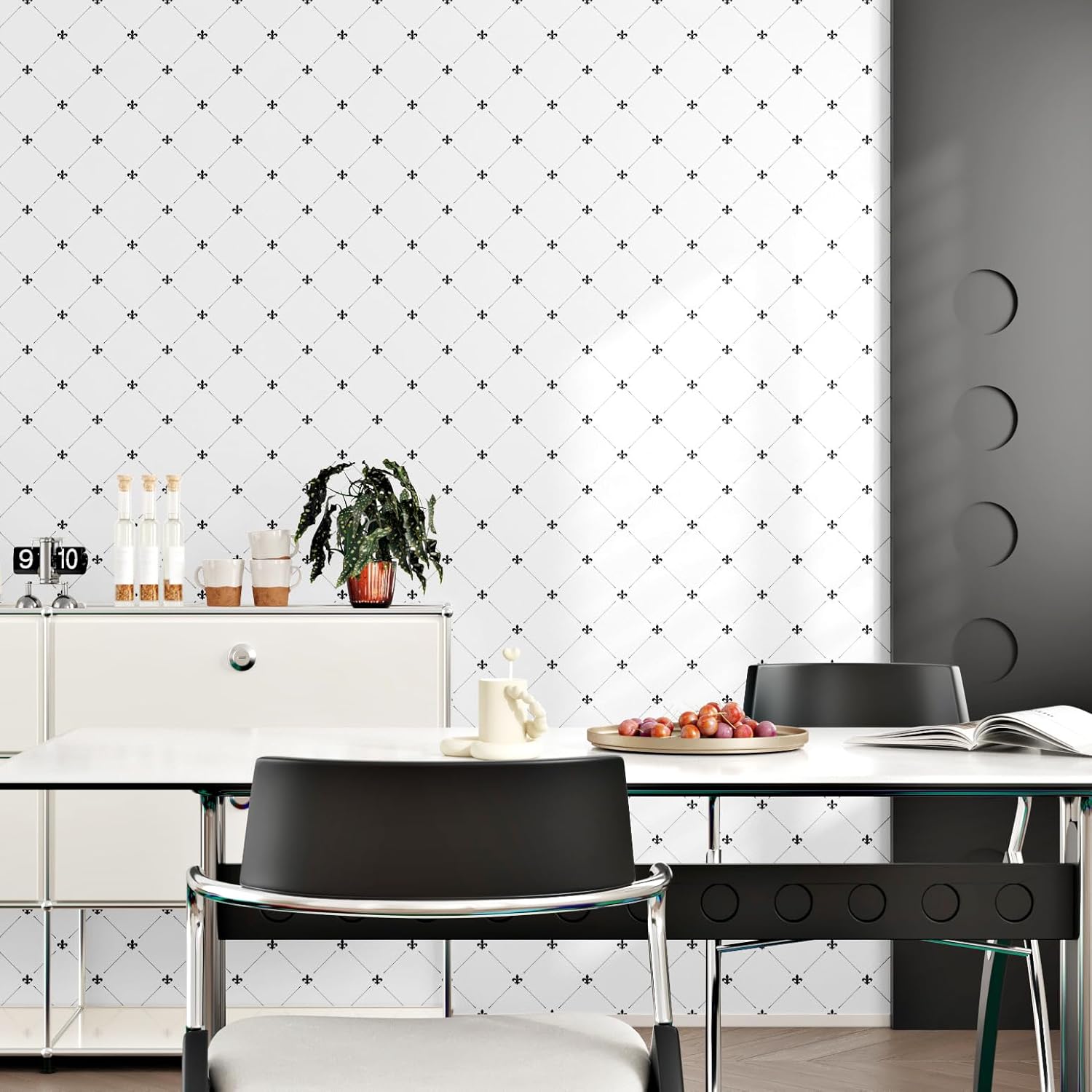 Black White Peel and Stick Wallpaper Geometric Victorian Floral Contact Paper for Cabinets Liner 17.5"x102" Modern Self Adhesive Waterproof Wallpaper for Bedroom Living Room Walls
