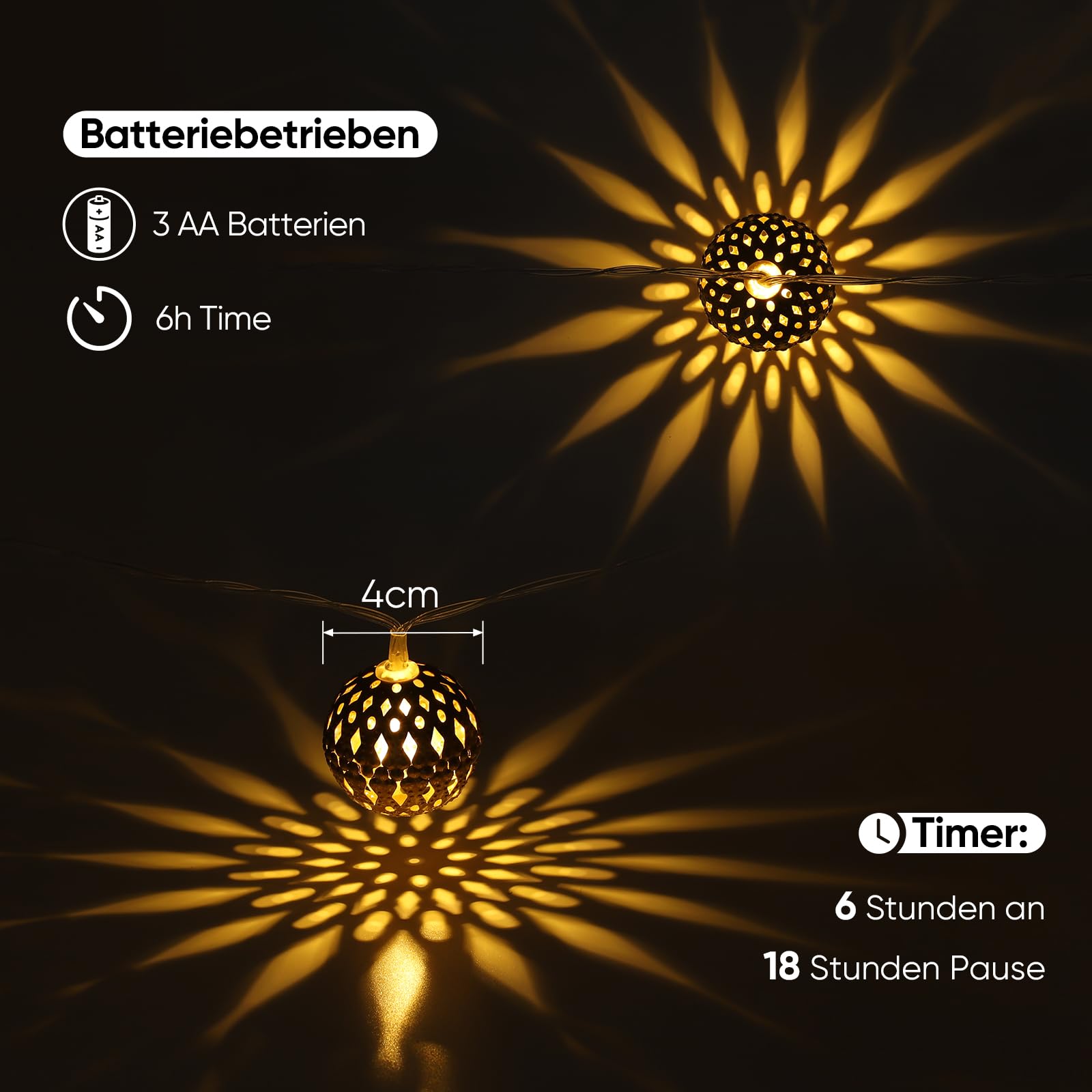 Catena Luminosa Marocchina, 20 LED Bianchi Caldi a Pile per Interni con Timer, Decorazione Orientale per Camere Matrimoni Feste Ramadan Natale