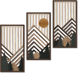 Putuo Decor Boho Mountain Wall Art Set of 3 - Rustic Wooden Geometric Decor, Nature Inspired Mid-Century Modern for Living Room Bedroom Office 16.5x8.6in