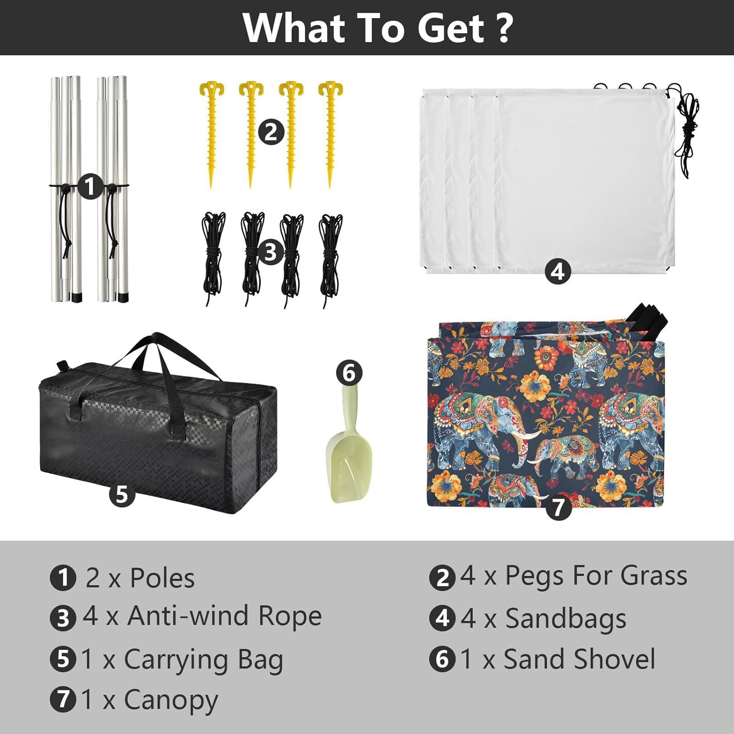 ALAZA Elephant Boho Vintage Beach Tent Sun Shelter UPF50+ Protection Beach Shade Canopy w/ 4 Sandbags for Outdoor Camping, Fishing, Backyard Fun, Picnic, 10x9 ft