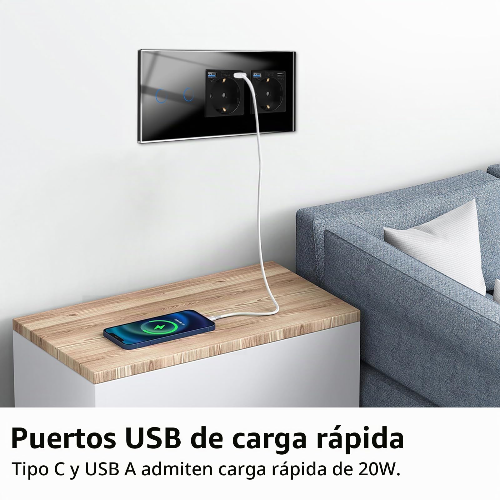 CNBINGO Interruptor de luz táctil con doble enchufe con puertos USB (tipo C y tipo A 3,1 amp total) – Enchufe USB Schuko empotrado – Interruptor de pared de cristal simple en Negro – 2 vía