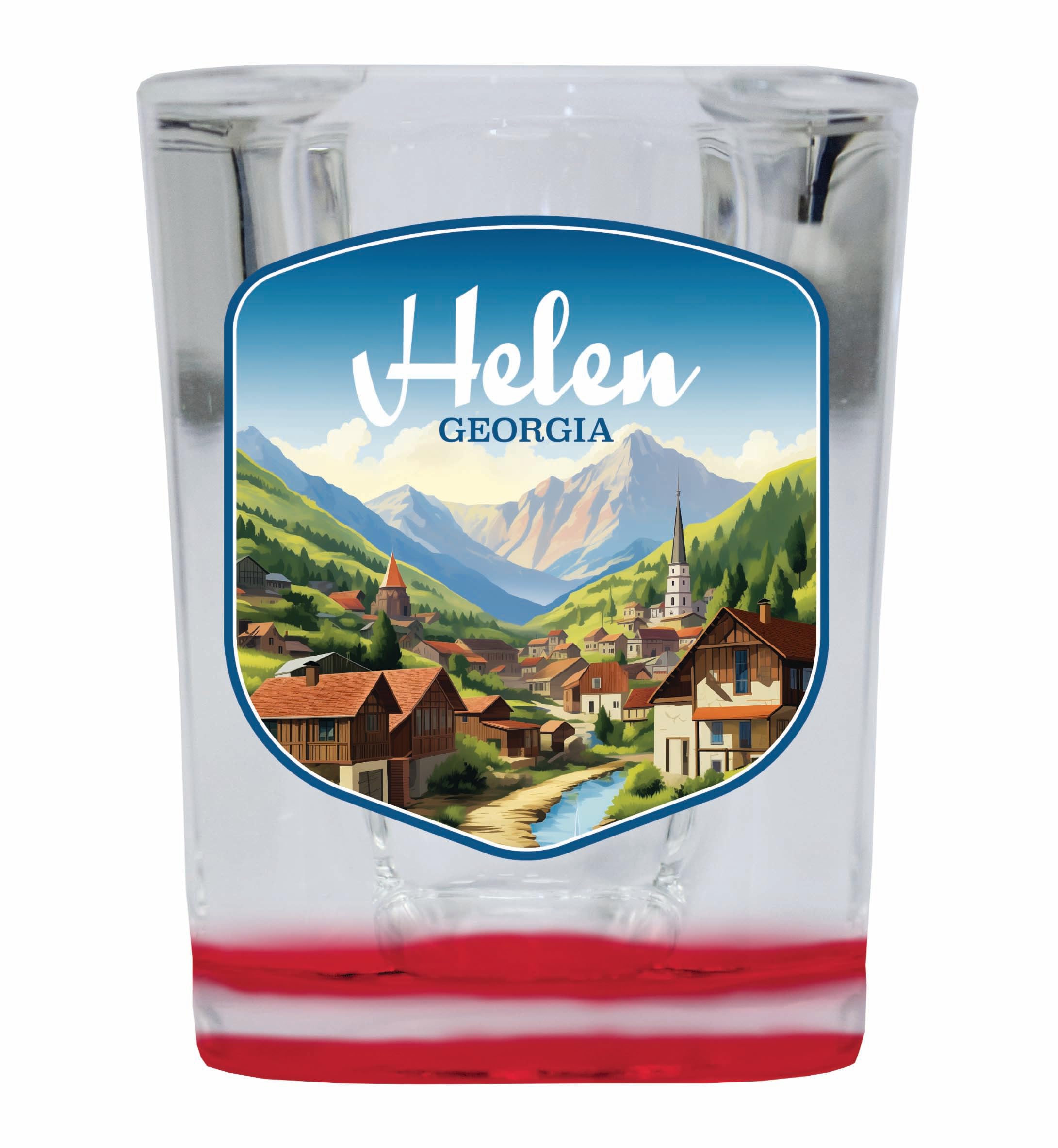 R and R Imports Helen Georgia Town in Mountains Design Souvenir 2 Ounce Shot Glass Square Red Base Single