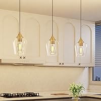 Vista 8 de VONLUCE Pendant Lights Kitchen Island, Brushed Gold Pendant Light Fixtures with E26 Base & Adjustable Cable, Modern Pendant Lighting with Glass