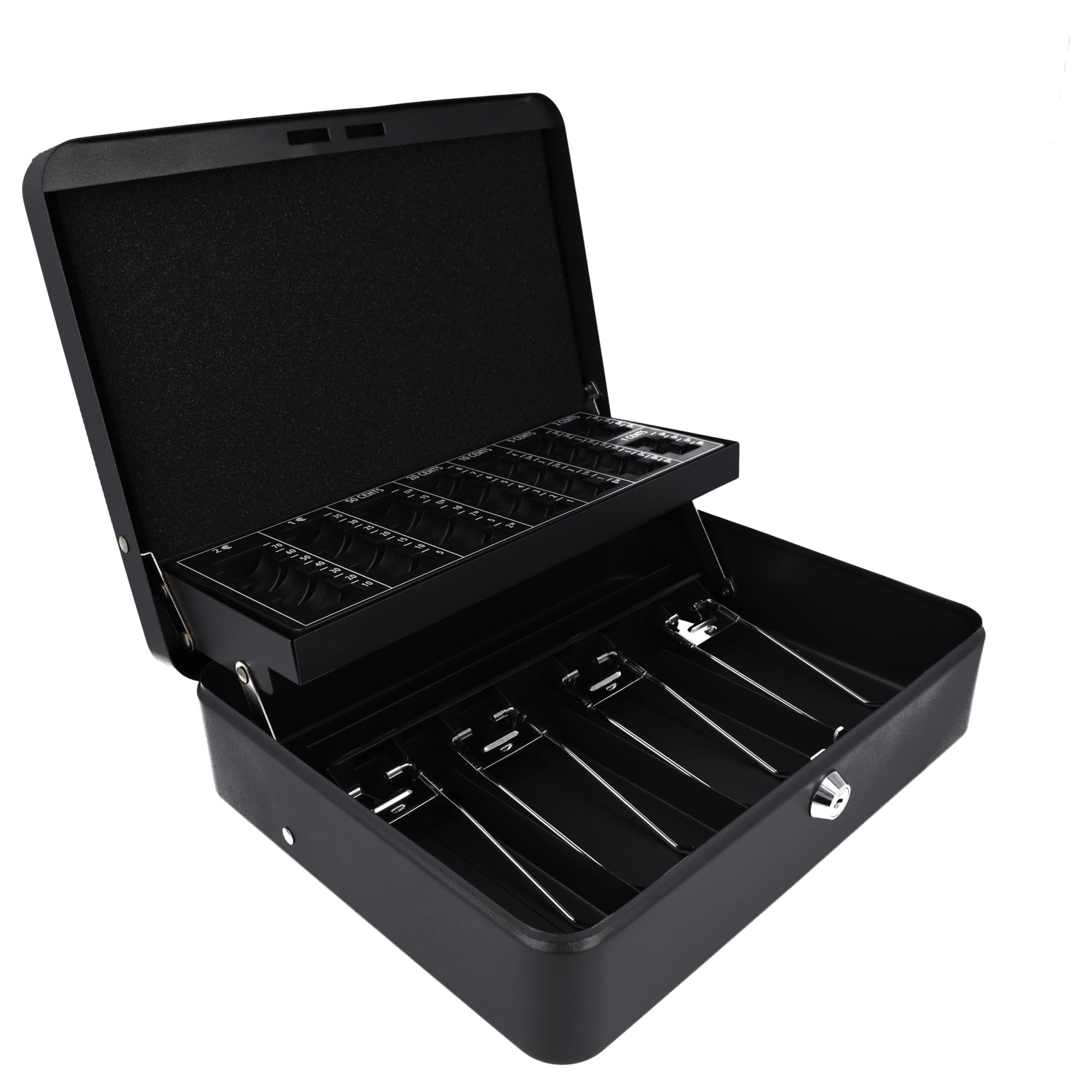 Westcott Lockable Cash Box (Large, 30 cm) Black, Robust Cash Box with Cylinder Lock Including 2 Keys, 4 Note Compartments and Coin Counter Board for Cash Organisation, E-51003 Black