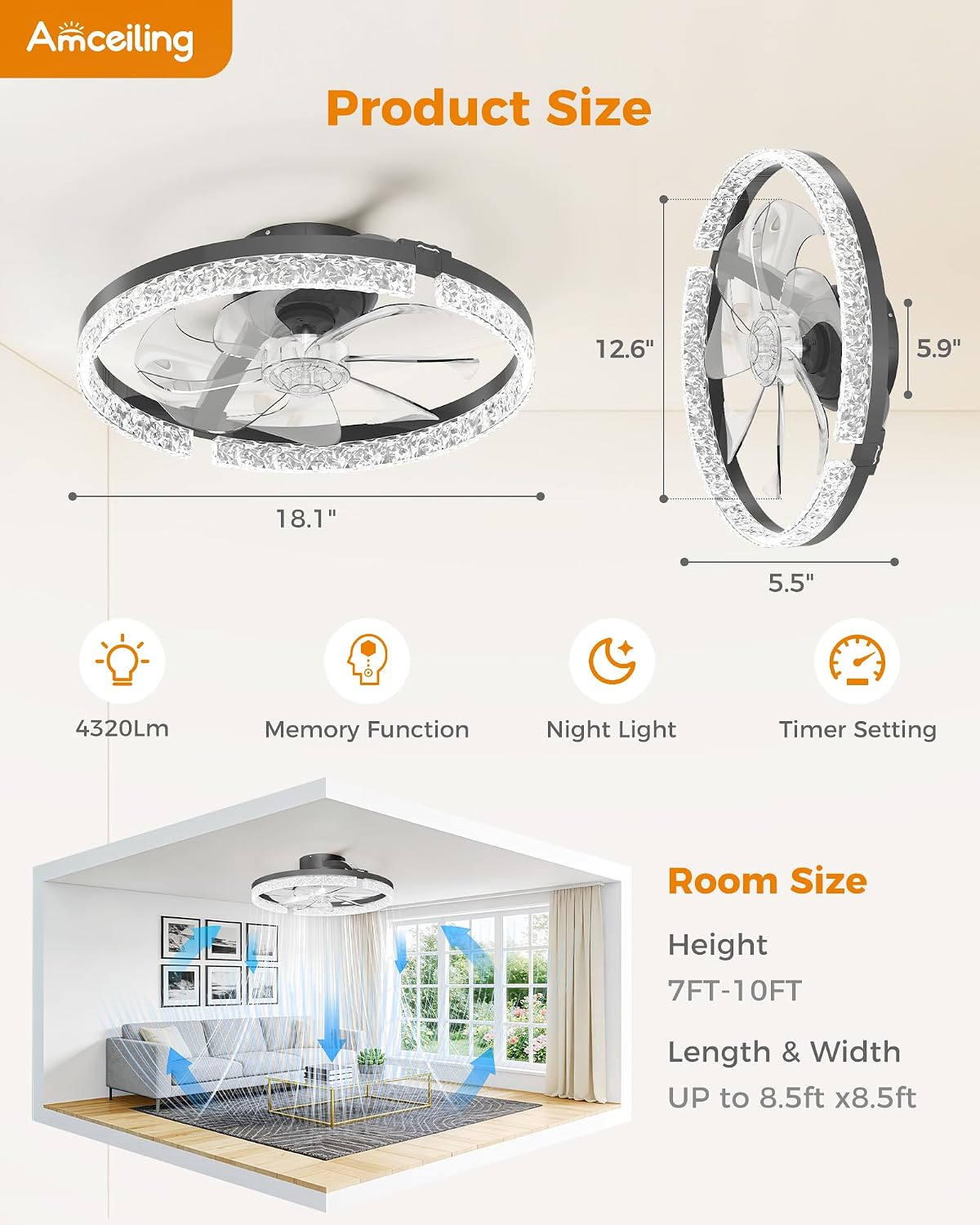 Ceiling Fans with Lights and Remote, 18 Inch Low Profile Ceiling Fan Light, 3000-6000K Dimmable Modern Flush Mount LED Fan Light, 6 Wind Speeds Fandelier Ceiling Fans for Bedroom, Diamond Black