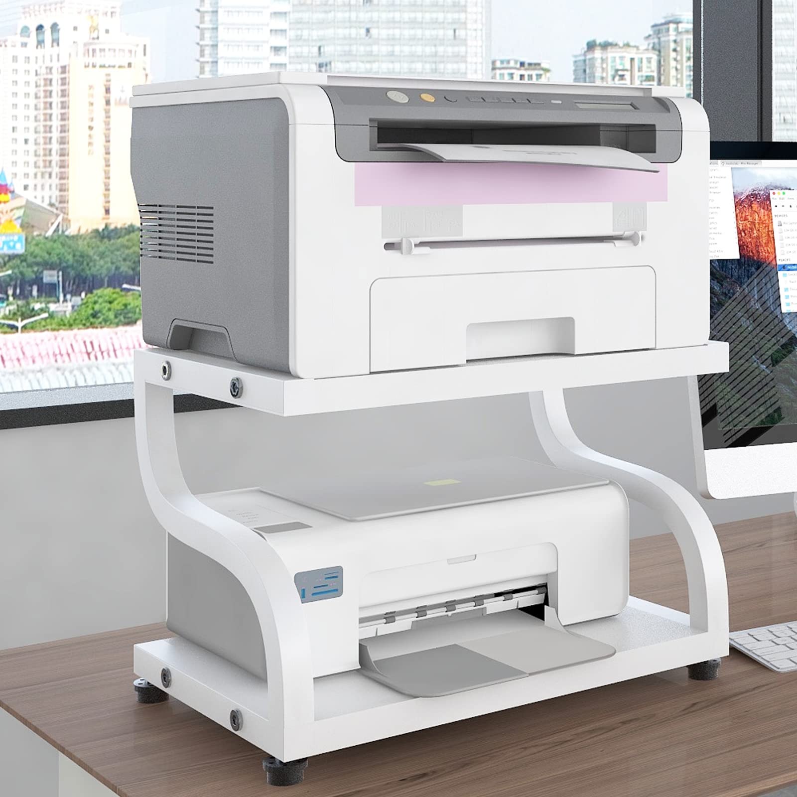 PUNCIA Supporto per Stampante da Tavoloa 2 Livelli 44x28x30CM Porta Stampante Tavolo da Lavoro Antiscivolo per Organizer da Tavolo,Vassoio a due Livelli per Forno a Microonde Bianco