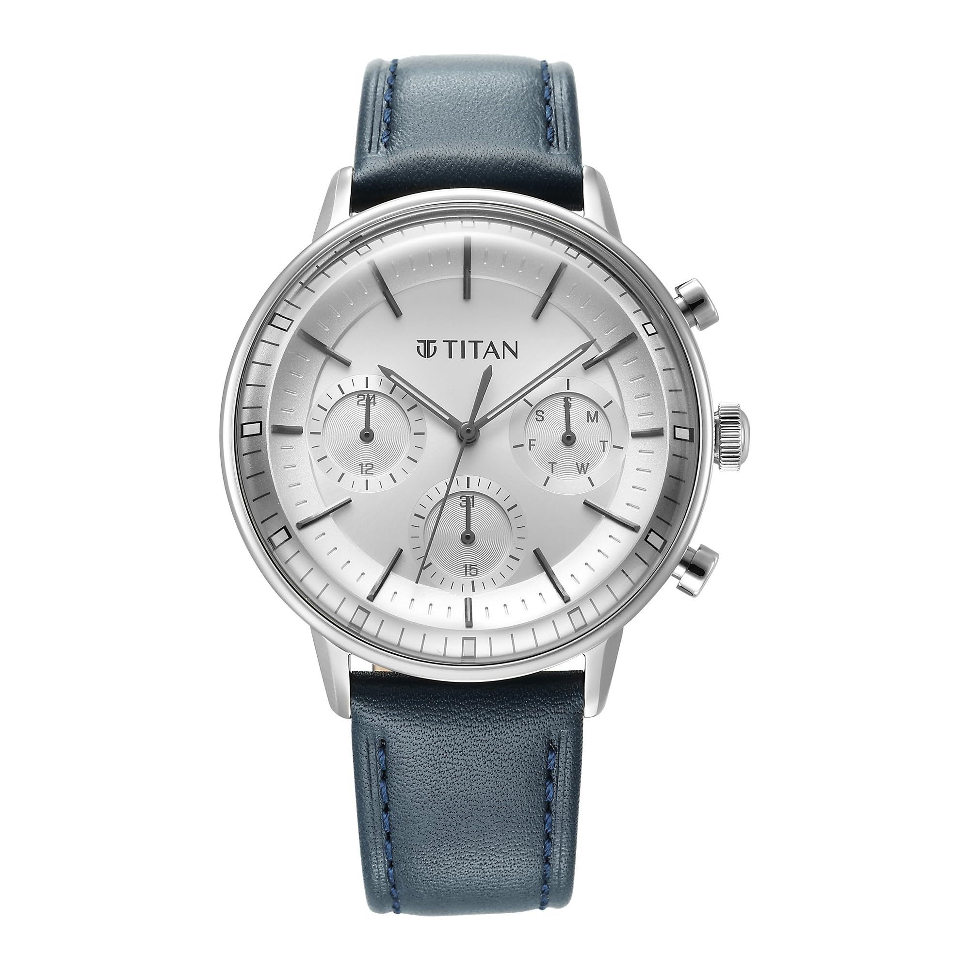 Titan Light Leathers Quartz Multifunction Silver Dial Blue Leather Strap Watch for Men - NT90171SL01-image-28