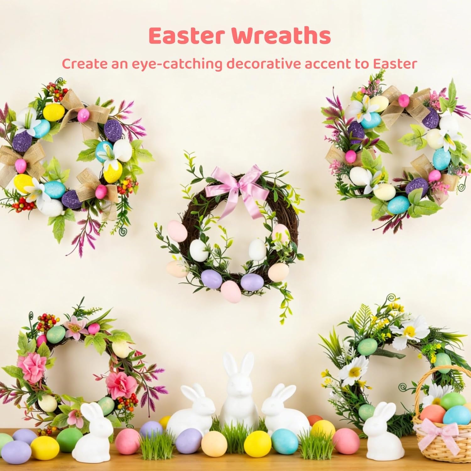 6 Pcs Easter Wreaths for Front Door, 7.9 in Colorful Eggs & Daisy Wreath with Burlap Rope, Farmhouse Decoration for Indoor Outdoor Wall Festival Home Farmhouse Wedding Easter Home Decor