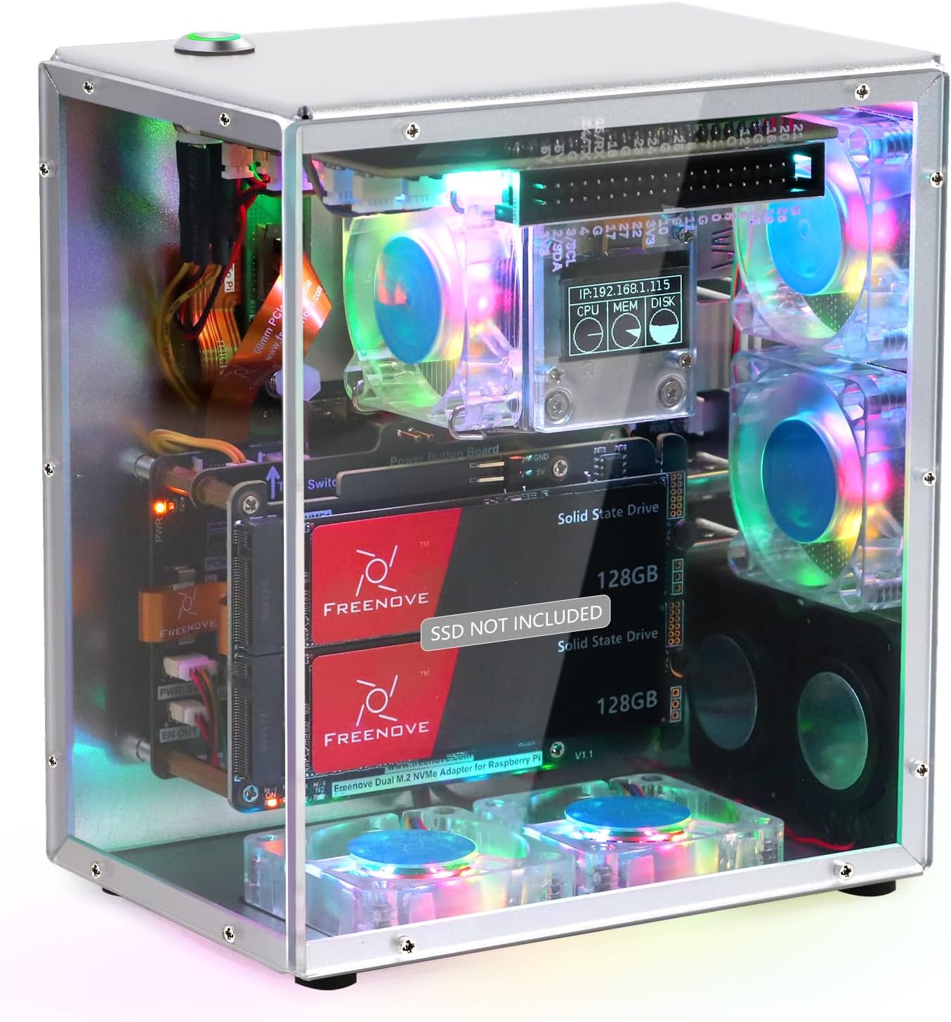 Freenove Raspberry Pi 5 Case Kit Pro, Dual M.2 NVMe SSD Slots, 5 PWM ARGB Fans Light Sync, CPU Tower Cooler, 0.96" OLED Screen, Stereo Speakers, 3.5 mm Audio (SSD NOT Included)