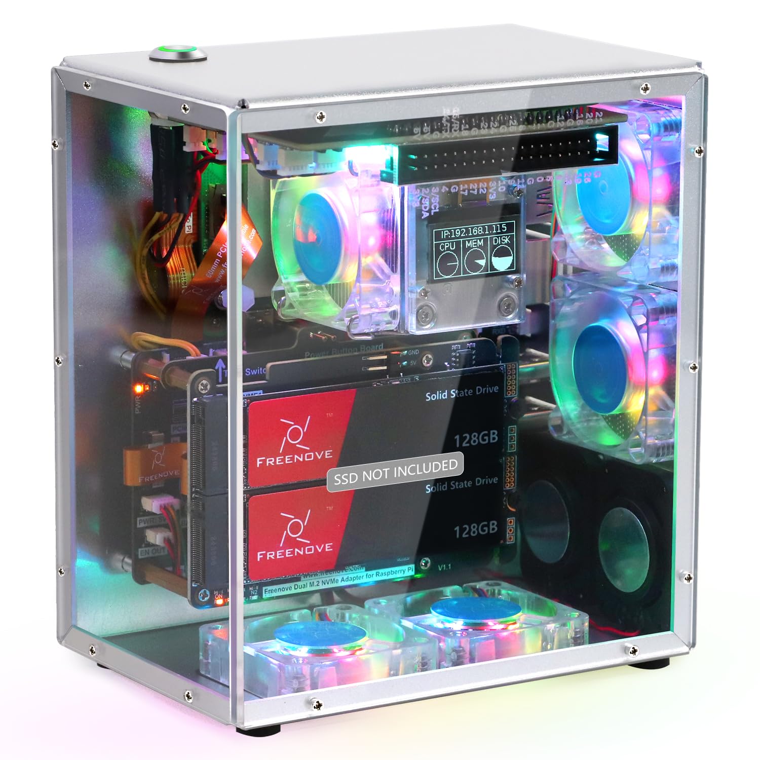 Freenove Raspberry Pi 5 Case Kit Pro, Dual M.2 NVMe SSD Slots, 5 PWM ARGB Fans Light Sync, CPU Tower Cooler, 0.96" OLED Screen, Stereo Speakers, 3.5 mm Audio (SSD NOT Included)