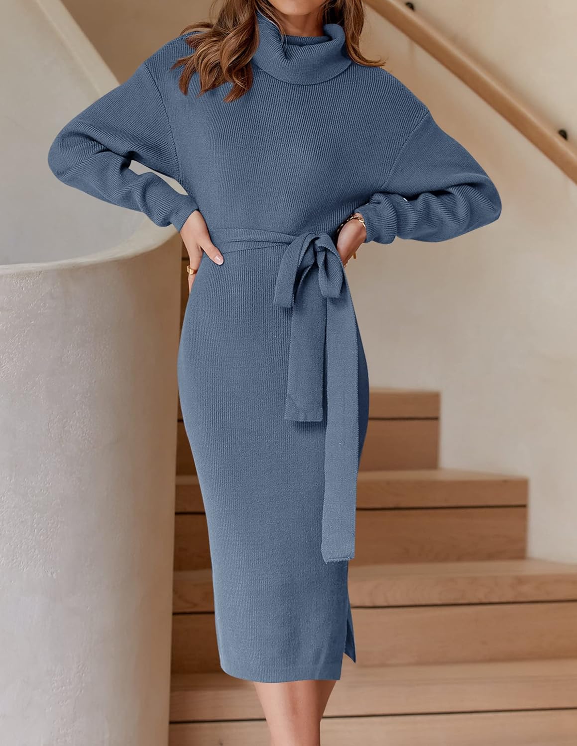 ZESICA Women's Turtleneck Sweater Midi Dress Long Sleeve Ribbed Knit Bodycon Slit Dress with Belt - Image 2