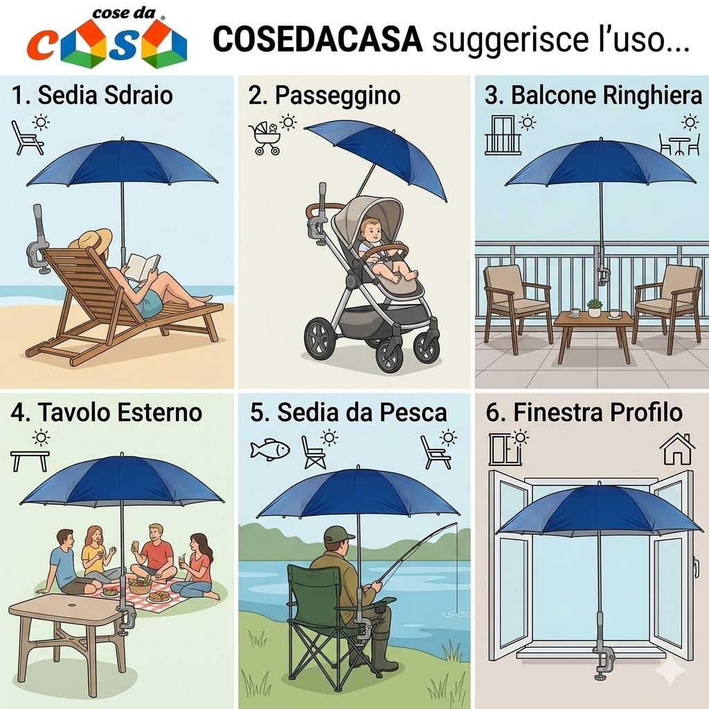 Mini Ombrello Parasole Universale D 105 cm con Gancio a Morsetto Regolabile per Passeggino Sedia Sdraio ringhiere Balcone e Finestra Struttura in Metallo e Tessuto Resistente (arancio)
