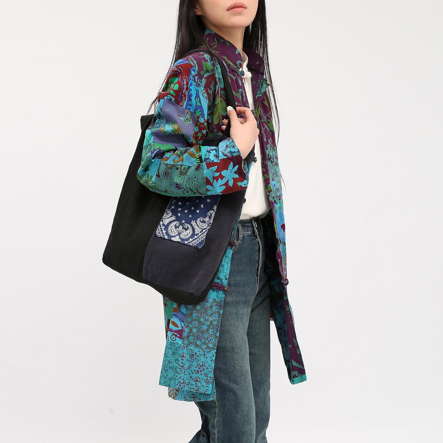 Women's Patchwork Jacket, Boho Floral Lightweight Spring Fall Coat, Artistic Vintage Bohemian Outerwear - Image 4