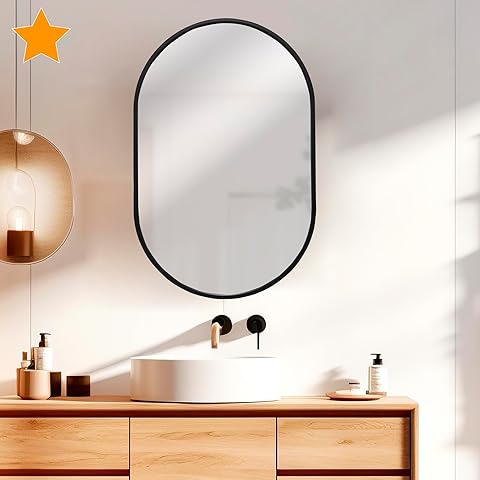 la fabrica del cuadro ®, Espejo Ovalado de Metal, Espejo de Pared, con Marco de Hierro Lacado. para Baño, Salón, Dormitorio, Recibidor y Decoración de Paredes. (Negro Laca, 45x70 cm)