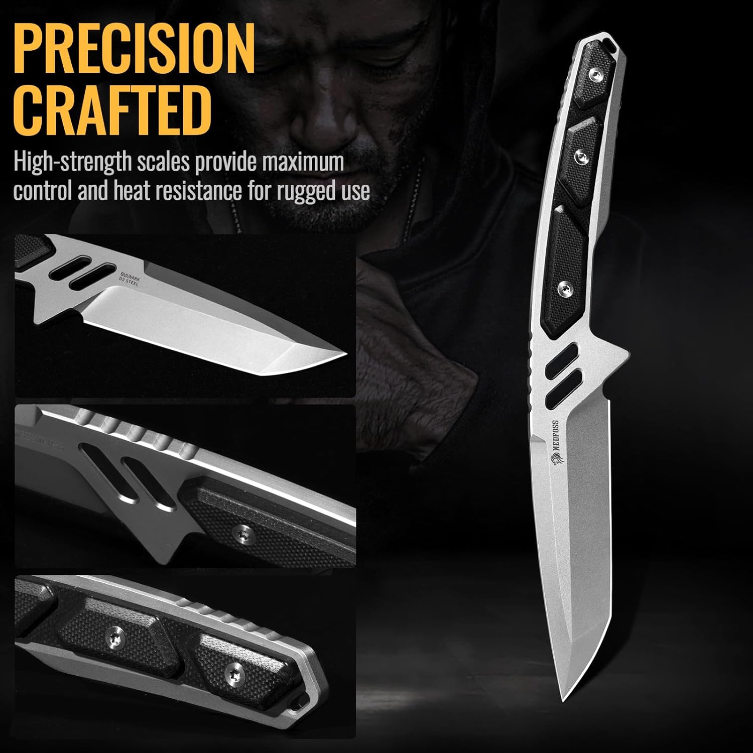 NedFoss BULWARK Tanto EDC Fixed Blade Knife, 3.2" D2 Steel Blade Full Tang Tactical Knife with G10 Handle, Kydex Sheath, Belt Clip, Horizontal/Vertical Carry, Small Survival Knife for Camping