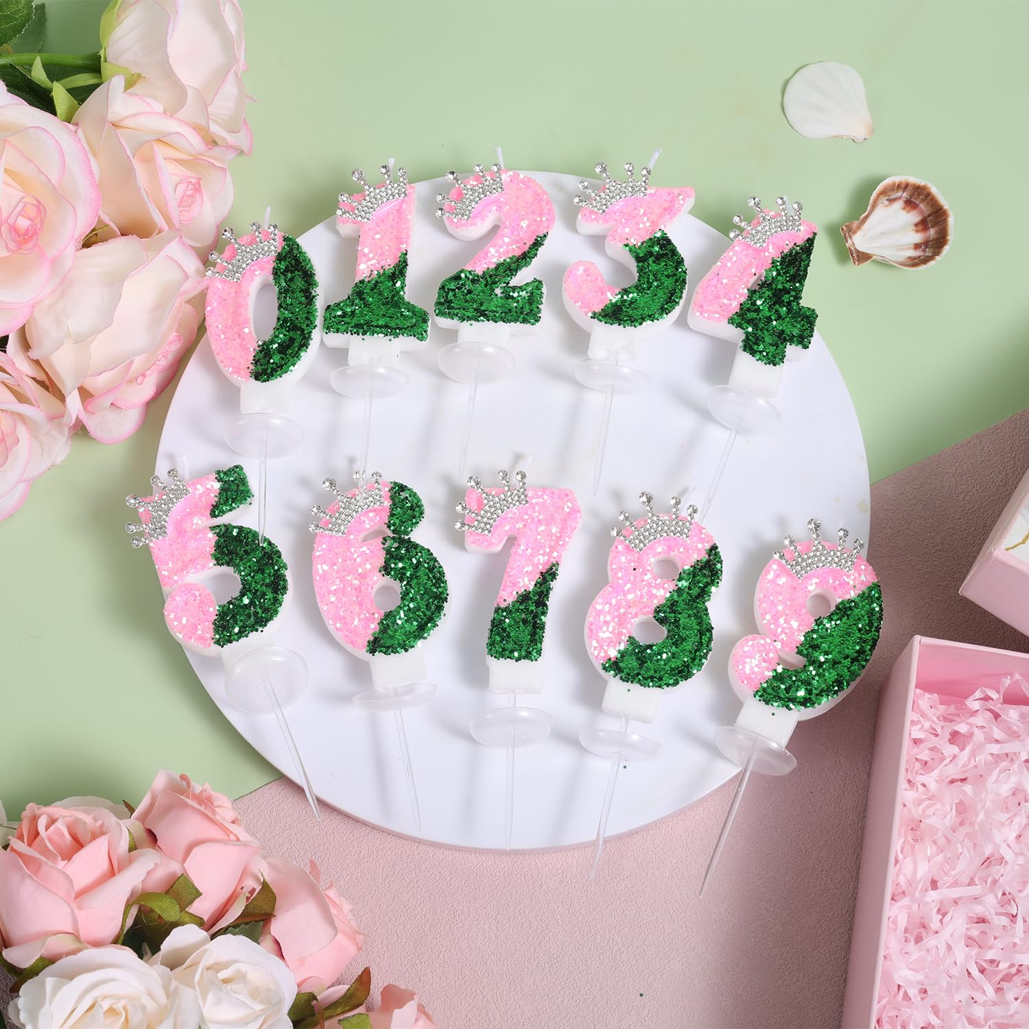 Birthday Number Candles – Crown Design In Pink & Green, Paraffin Wax With Sequins For Cake Decor - View #4