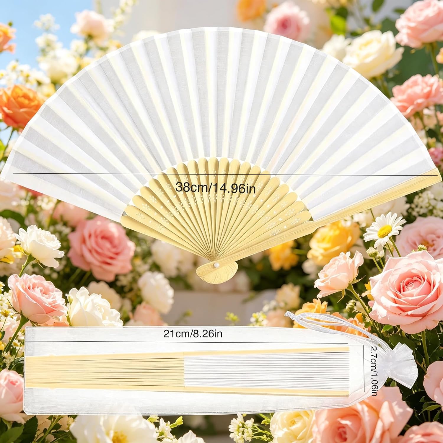 20pcs Imitated Silk Hand Fan with Organza Bags,8.3 Inch Imitated Silk Fabric Foldable Bamboo Hand Held Fan for Wedding Party Gift and Home DIY Decoration