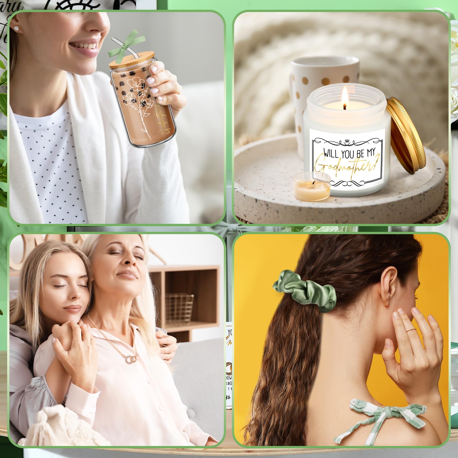 6 Pcs Godmother Proposal Gift Set, Will You Be My Godmother Gift Box, 16oz Glass Cup, Necklace & Scented Candle from Godchild for Baptism Mother’s Day Birthday(English,Sage Green)