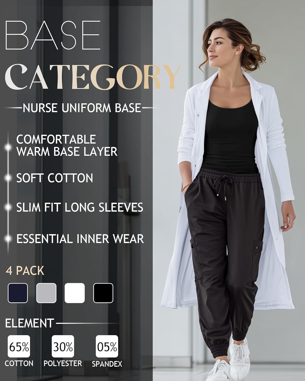 4 Pack Women's Underscrub T-Shirts, Long Sleeve 65% Cotton Tees Slim Fit Scrub Tops Scoop Neck Basic Layer Shirts - Image 5