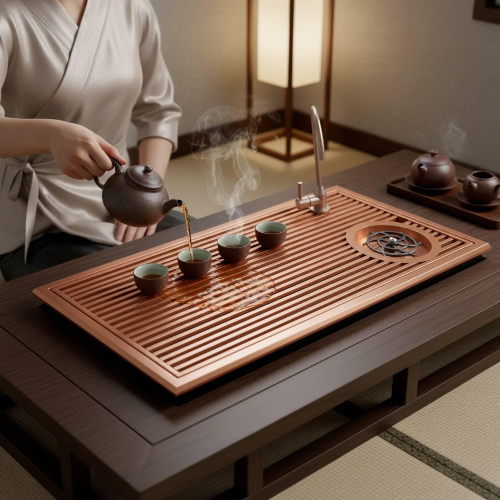 Station de Préparation de Café Plateau d'Égouttage Planche à Rinçage Actionnement par Pression Bac de Récupération Inox Cadre Résistant Adaptée aux, Or Rose, Nouveau Style Chinois