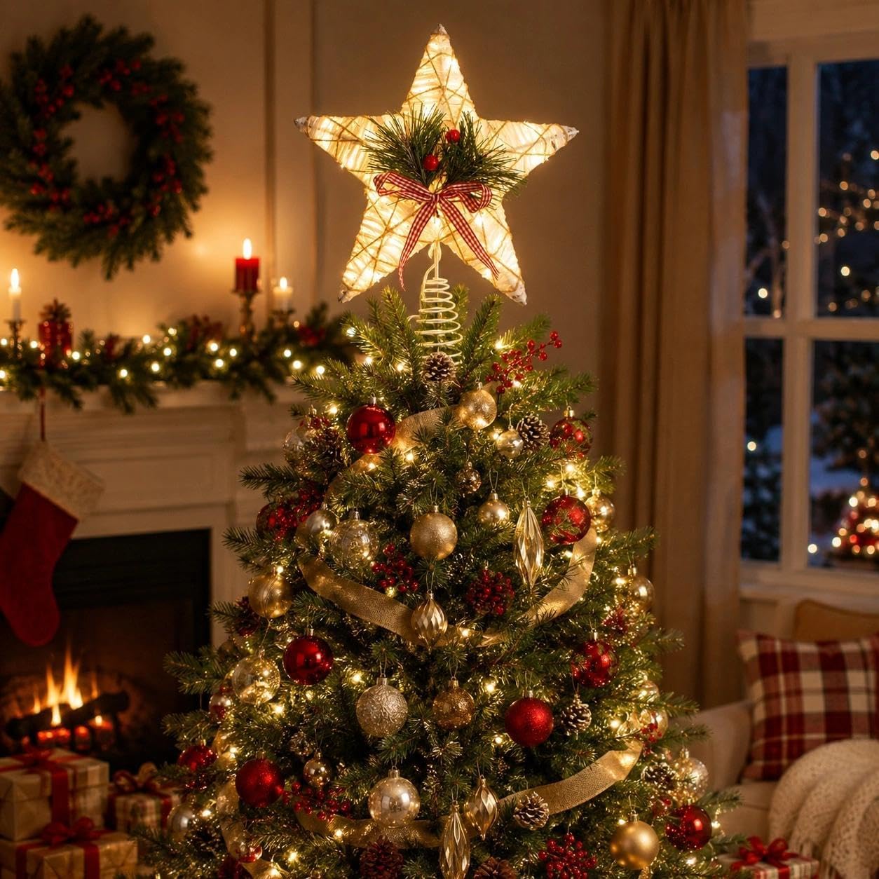 LUOZZY Christmas Star Tree Topper 3D Tree Topper with LED Light Hollow Treetop for Indoor Xmas New Year Decor - Without Battery
