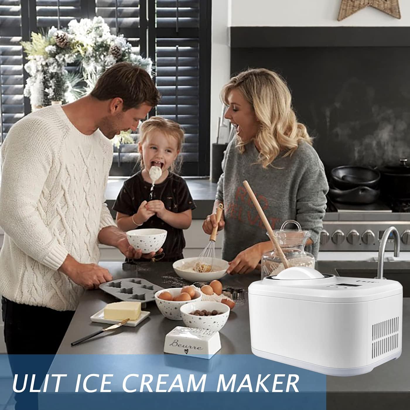 Diagram showing the disassembled components of the ULIT Ice Cream Maker, including the main unit, mixing paddle, and removable bowl.