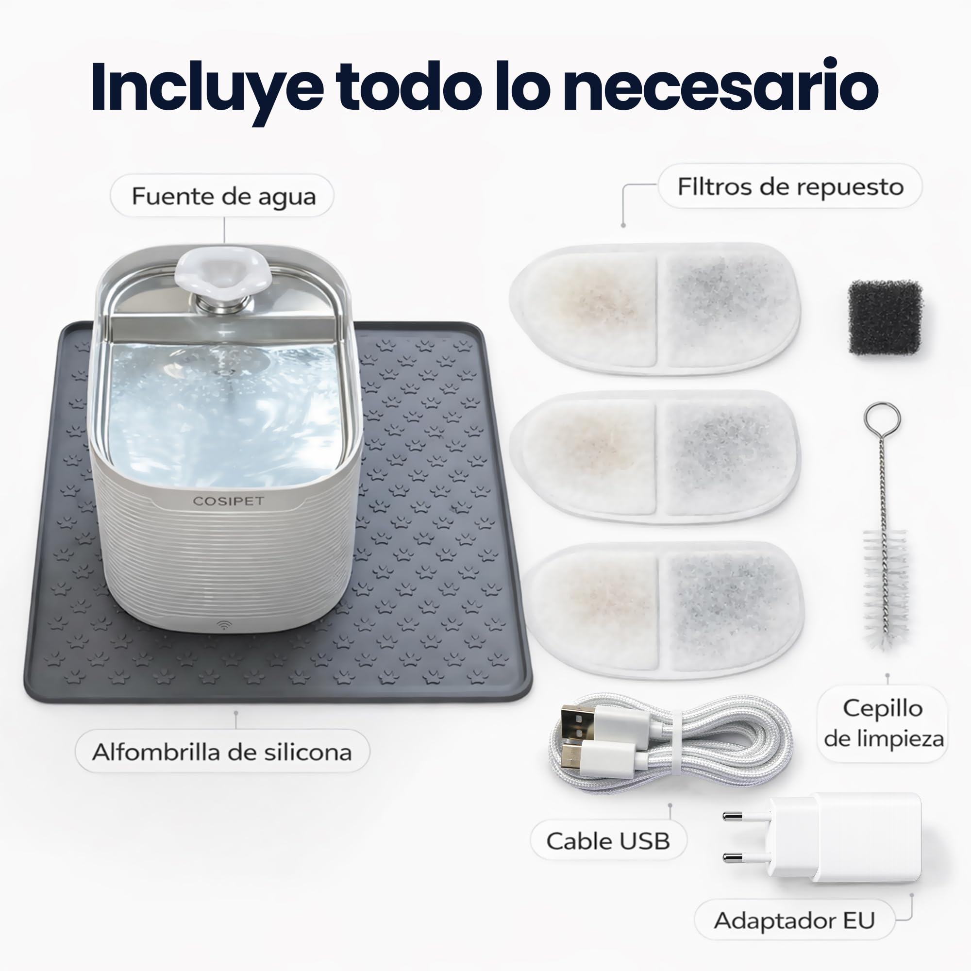 Fuente de agua inalambrica gatos y perros 2,5L control APP WiFi, bebedero automático con sensor, bandeja inox, autonomia mas de 30 dias, UV carbon activado, resina, alfombrilla antiderrame + 3 filtros
