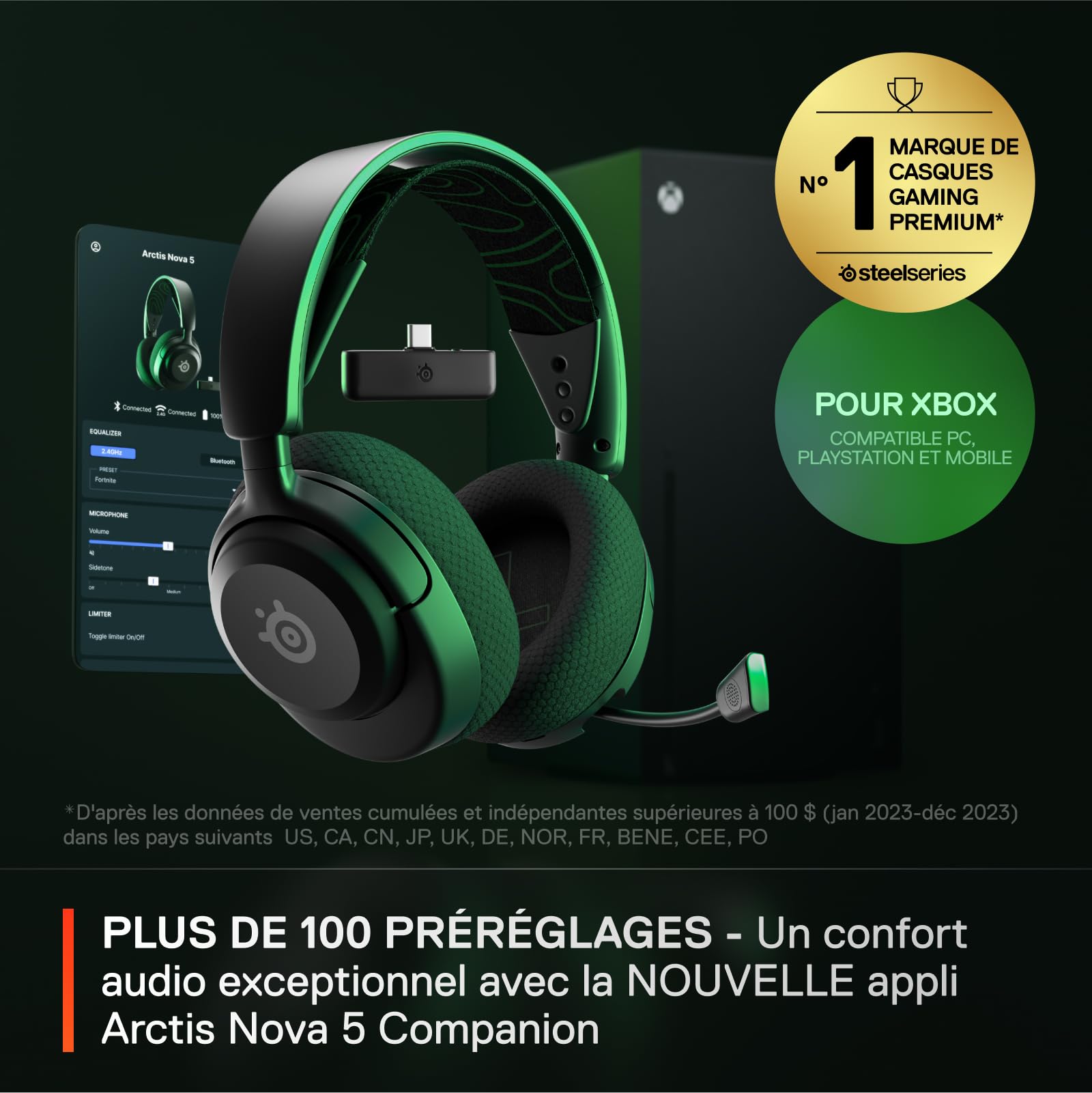 SteelSeries Arctis Nova 5X Casque Gaming Xbox Sans Fil - Haut-parleurs magnétiques néodyme - 100+ profils audio - Batterie 60h - 2,4GHz/BT - Micro ClearCast Gen 2.X - Pour Xbox, PS, PC, Switch, Mobile